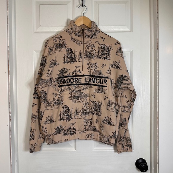 Ellandemm Tops - Ellandemm J'Adore L'Amour Tiger Toile Quarter Zip Sweatshirt Tan Black SM
